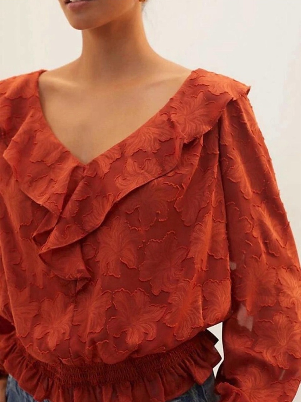Anthropologie Rust Textured Ruffle V-Neck Blouse, XS